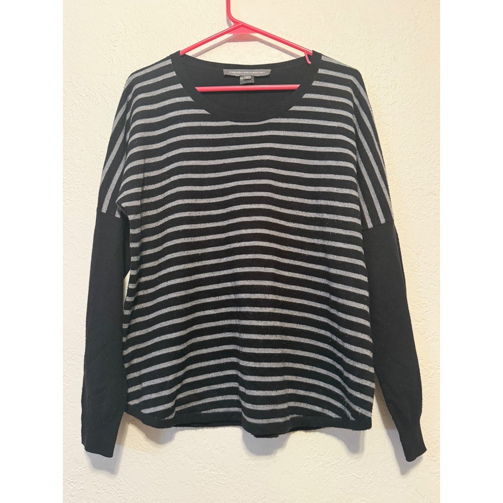 French Connection Black Gray Striped Crew Neck Sweater Long Sleeve Size M